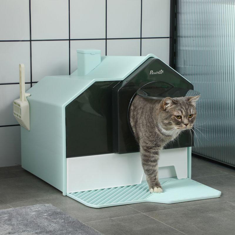 Light Blue House Shape Hooded Cat Litter Box with Drawer