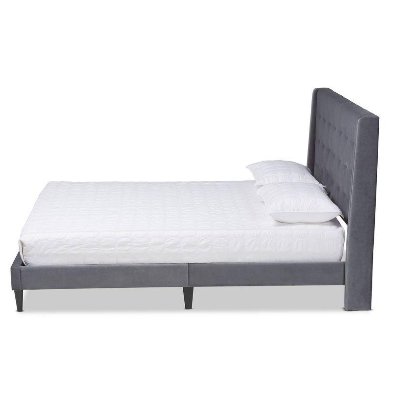 Gothard Modern Grey Velvet & Dark Brown Wood Queen Platform Bed