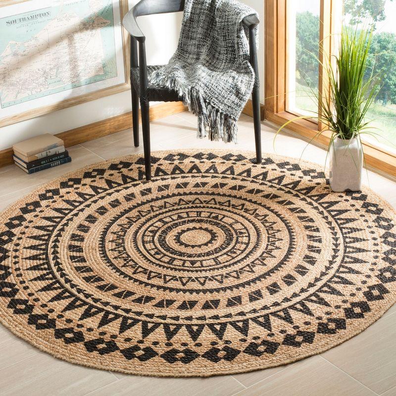 Boho-Chic Black and Natural 5' Round Hand-Woven Jute Area Rug