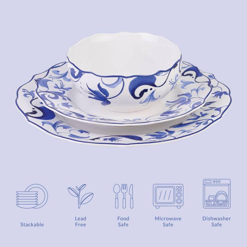 222 Fifth 12pc Ayla Dinnerware Set Reactive Blue: Porcelain, Floral Pattern, Vintage Style, Dishwasher & Microwave Safe