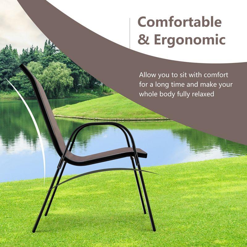 Tangkula 4PCS Patio Stacking Dining Chairs w/ Curved Armrests & Breathable Seat Fabric Brown