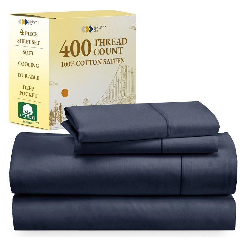 Indigo Navy Blue 400 Thread Count Cotton Sateen Queen Sheet Set