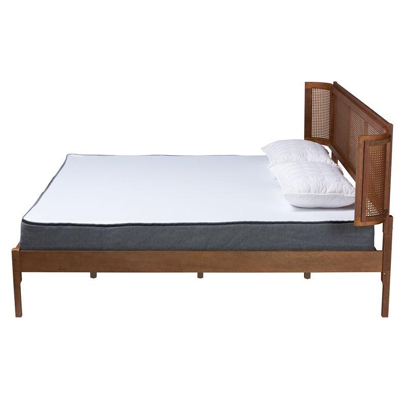 Baxton Studio Eridian Mid-Century Modern Walnut Wood and Natural Rattan Platform Bed