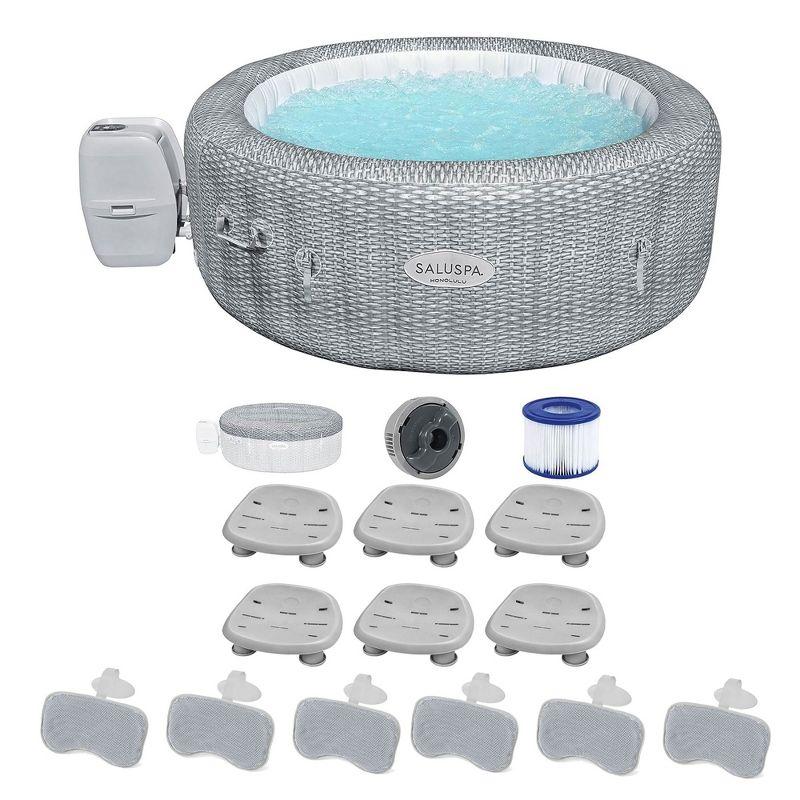 Bestway SaluSpa Honolulu AirJet Inflatable Hot Tub & 6 Pack SaluSpa Underwater Non Slip Pool/Spa Seat with Adjustable Legs & 6 Padded Headrest Pillows