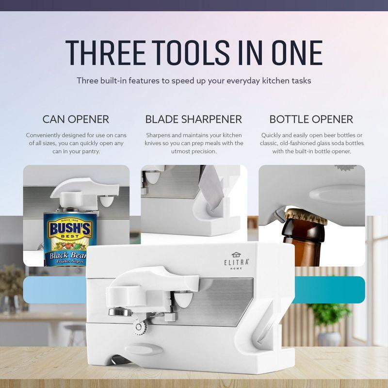 Elitra 3 in 1 Under the Cabinet Electric Can Opener, Blade Sharpener, Bottle Opener - White