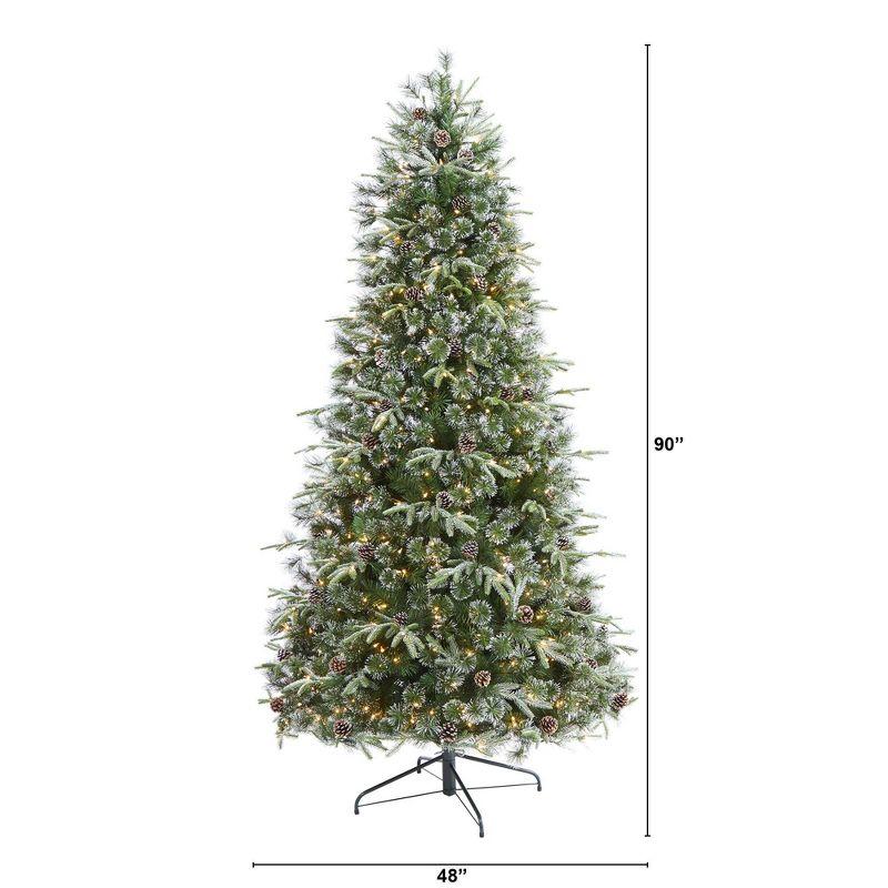 Nearly Natural 7.5-ft Snowed Tipped Clermont Mixed Pine Artificial Christmas Tree with 600 Clear LED Lights, Pine Cones and 1784 Bendable Branches