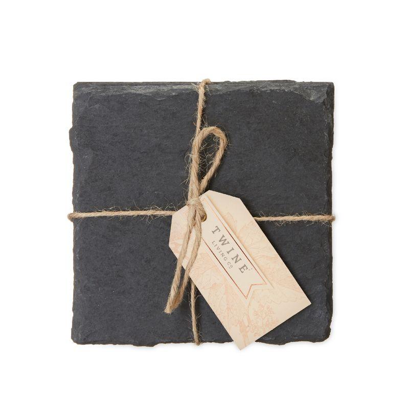 Twine Square Slate Coasters, Modern Square Coasters, Slate with Velvet Backing, Protect Tables and Surfaces, Black, Set of 4