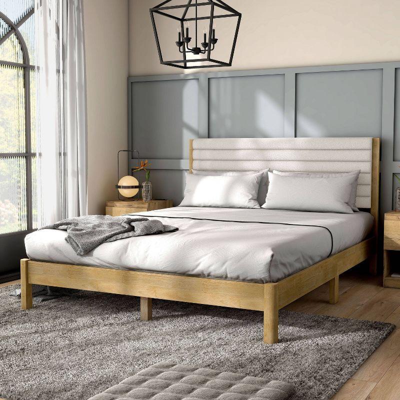 Natural Queen Platform Bed with Boucle Upholstered Headboard