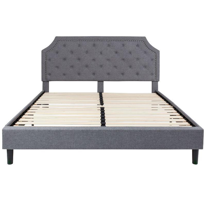 Elegant King-Sized Light Gray Upholstered Platform Bed with Nailhead Trim