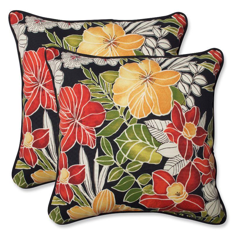 Set of 2 Black Floral Outdoor Throw Pillows