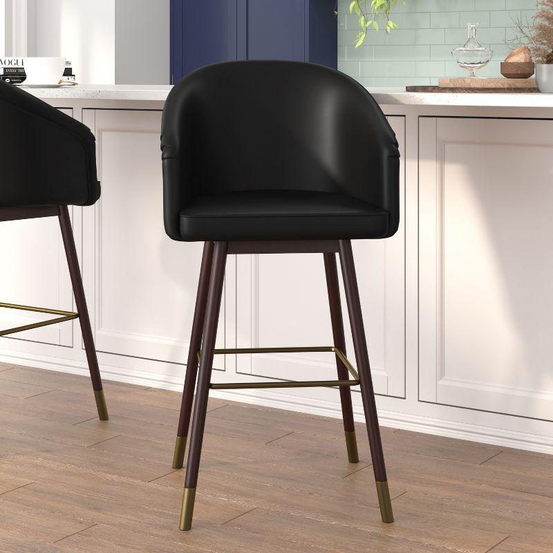 Modern Trendy Black Leather and Walnut Wood Barstool