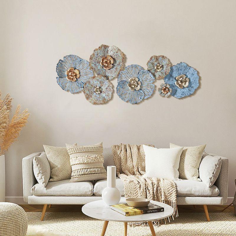 Distressed Blue and Gold Floral Iron Wall Sculpture