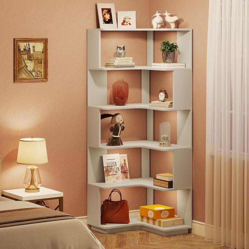 Hommoo 6-Tier Corner Bookshelf, 64.96" Corner Bookcase with Anti-Drop Panel Silver Gray