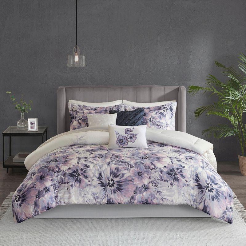 Purple Floral Cotton Queen 7-Piece Comforter Set