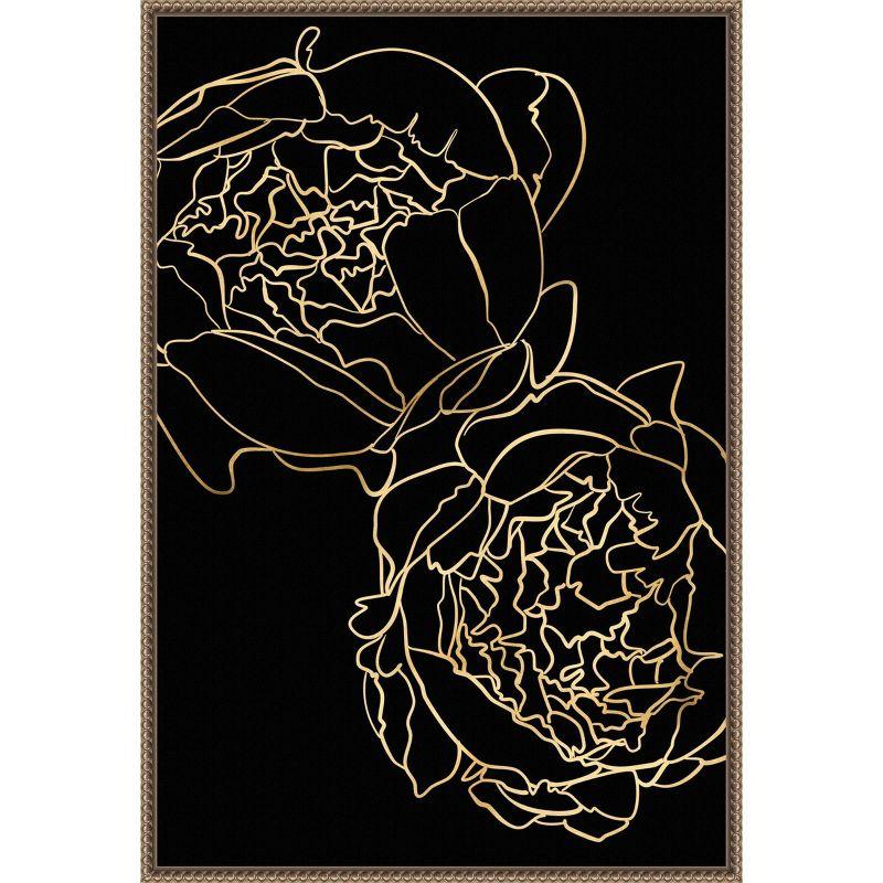 23"x33" Peonies in gold and black by Rosana Laiz Blursbyai Framed Canvas Wall Art Print Bronze - Amanti Art: Vertical Lithograph, Modern Decor