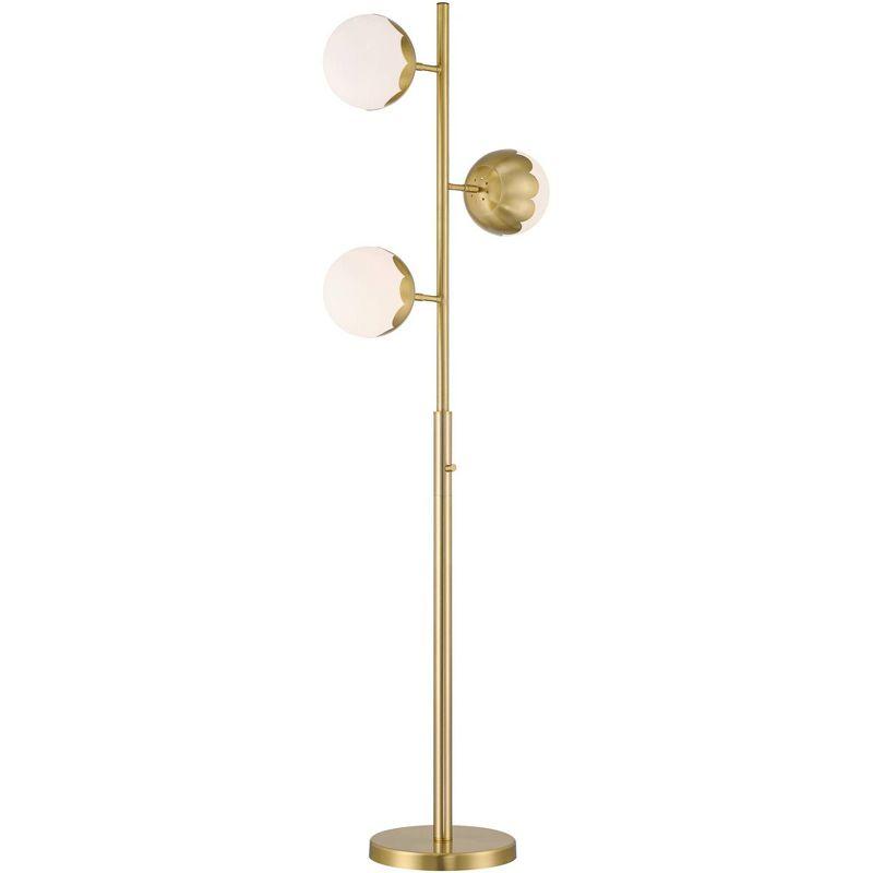 360 Lighting Kelowna Mid Century Modern 67" Tall Standing Floor Lamp Skinny Tree 3-Light Gold Metal Antique Brass Finish Living Room Globe White Shade