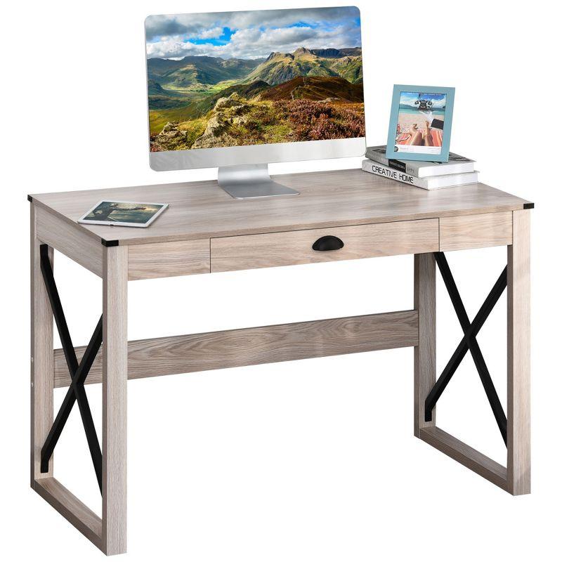 HOMCOM Home Office Computer Desk, Rustic Writing Desk, Farmhouse Workstation with Storage Drawer, X-Frame