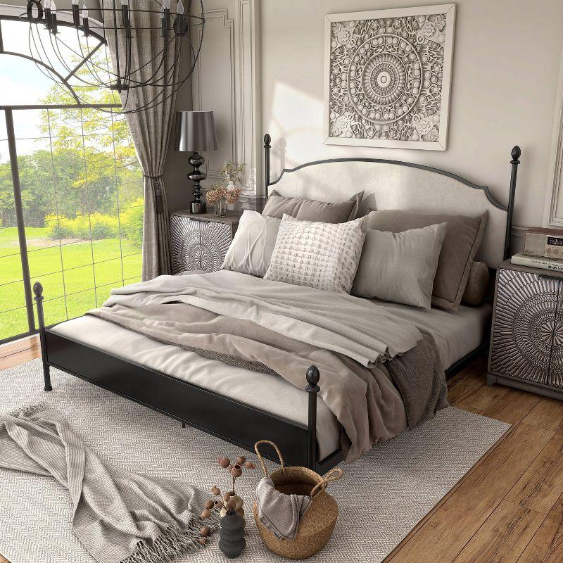 King Gunmetal Metal Four-Poster Bed with Cushioned Headboard