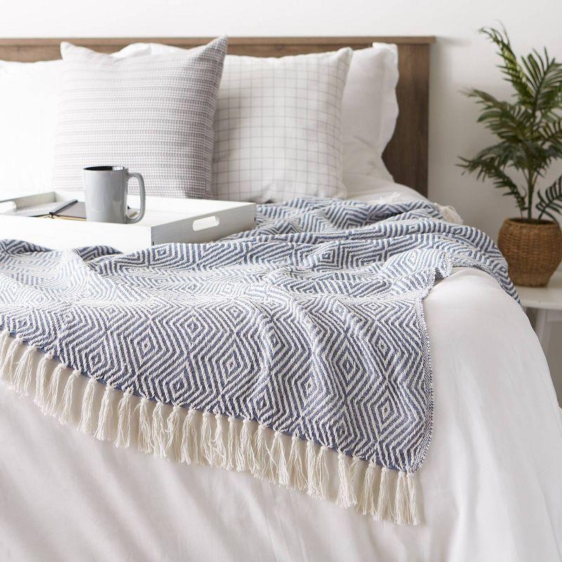 50"x60" Diamond Geometric Throw Blanket Stonewash Blue - Design Imports: Lightweight, Woven Cotton