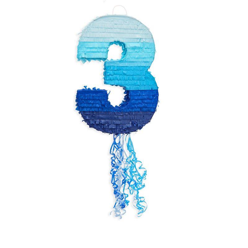 Blue Panda Number 3 Pull String Pinata for Boys 3rd Birthday Party Decorations, Ombre Blue, 16.5 x 11 x 3 In