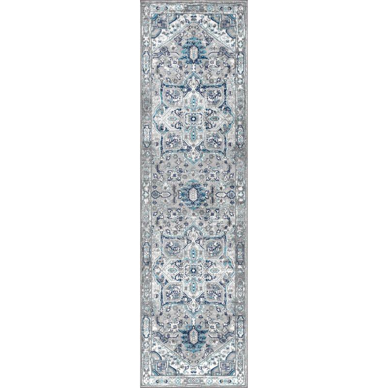 2'x8' Modern Persian Vintage Medallion Runner Rug, Light Grey/Blue - JONATHAN Y