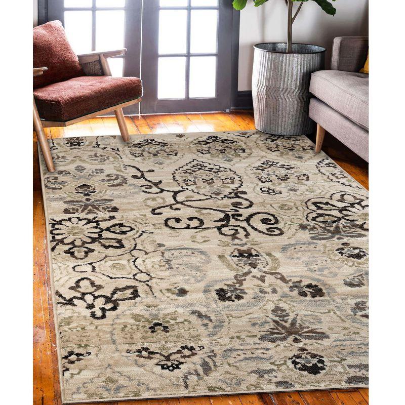 Beige Floral Damask Polypropylene Area Rug with Jute Backing