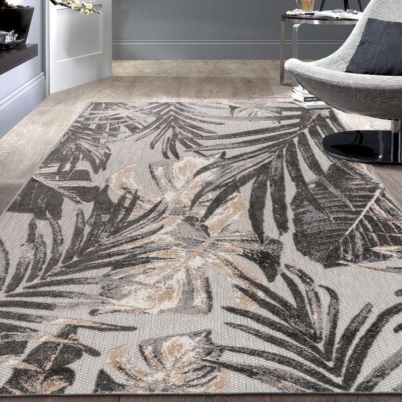 World Rug Gallery Floral Leaves Indoor/Outdoor Area Rug - Gray 7'10" x 10':  Weather-Resistant,  Low Pile,  Patio Rug