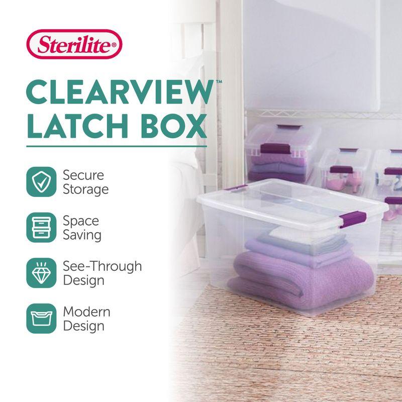 Sterilite 66 Qt ClearView Latch Storage Box, Stackable Bin with Latching Lid, Plastic Container to Organize Clothes in Closet, Clear Base, Lid, 6-Pack