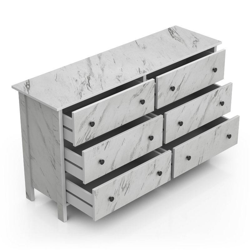 Fichte Transitional 6 Drawer Faux Marble Dresser White Marble - miBasics: Bedroom Storage, Elegant Design