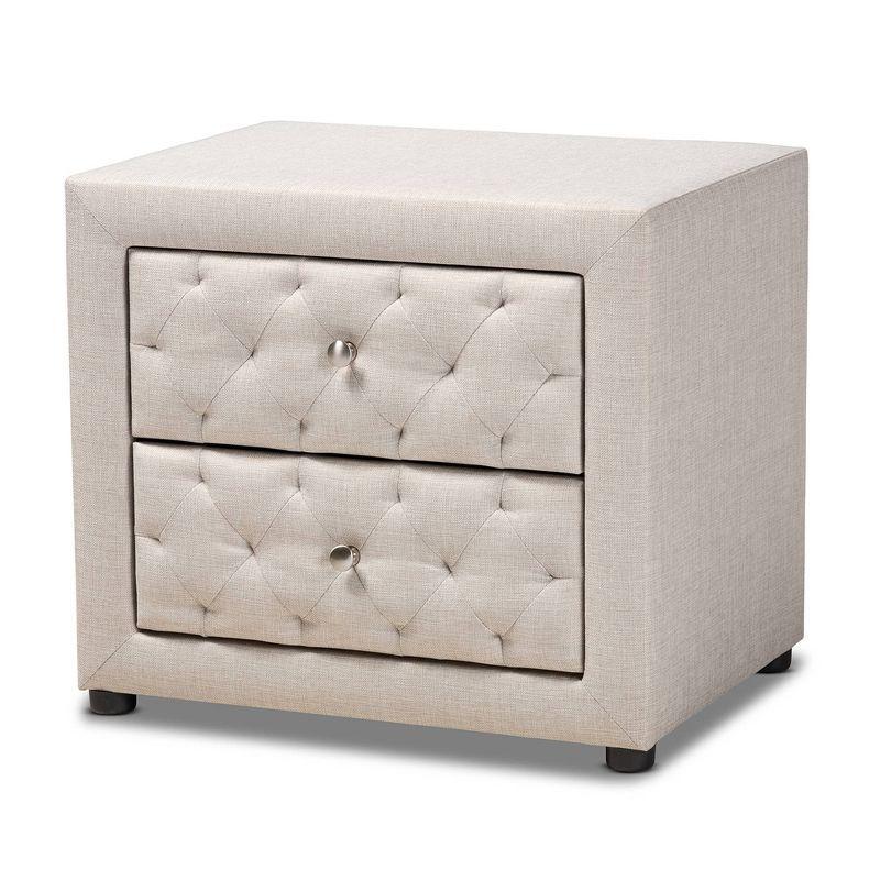 2 Drawer Lepine Wood Nightstand Beige - Baxton Studio: Upholstered, Tufted, Silver Knobs, Assembly Required