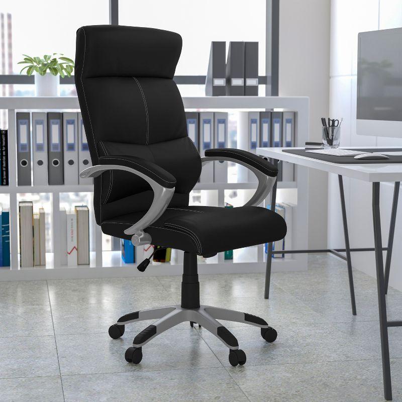 Flash Furniture Karen High Back Black LeatherSoft Executive Swivel Office Chair with Curved Headrest and White Line Stitching