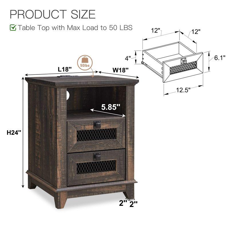 OKD 18'' Nightstand with Charging Station & 2 Drawers, Square End Table