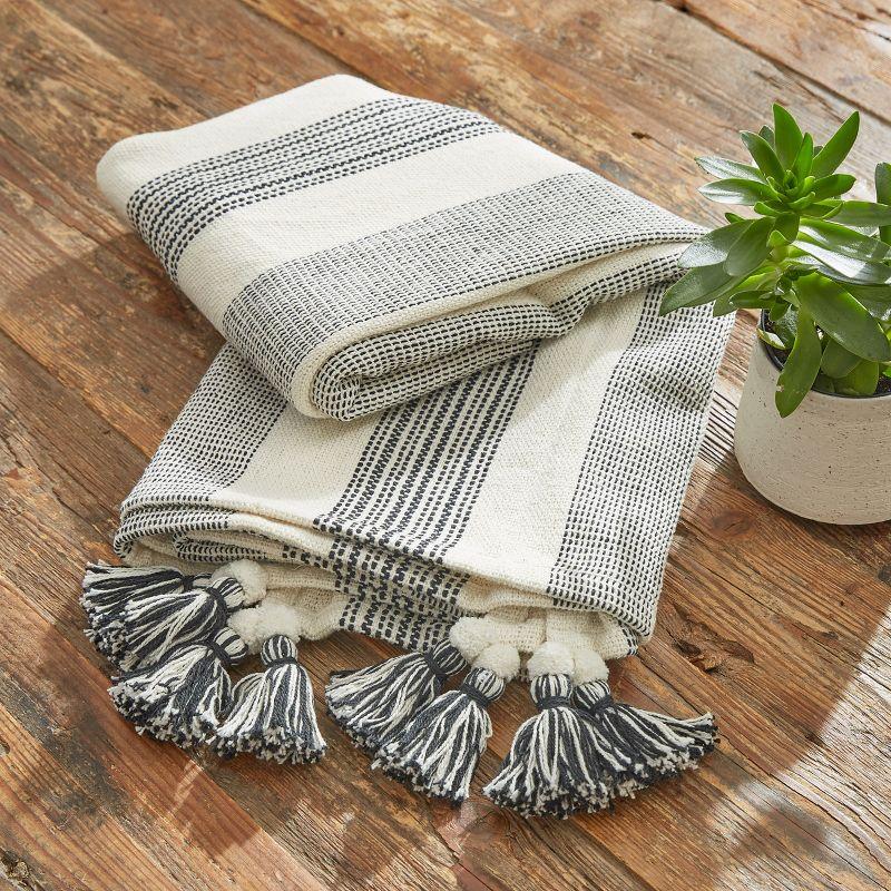 Off-White and Black Cotton Striped Throw Blanket with Tassels