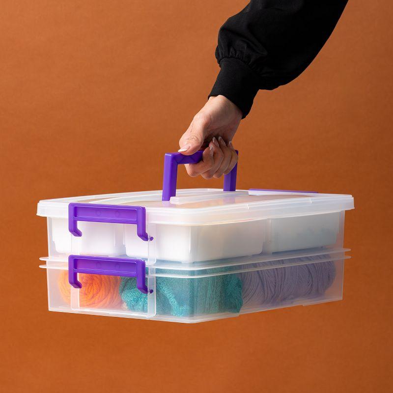 IRIS USA 9.4 Qt 2 Layer Stack and Carry Storage Containers with Bulked-Up Lid and 4 Removable Dividers, Clear/Violet