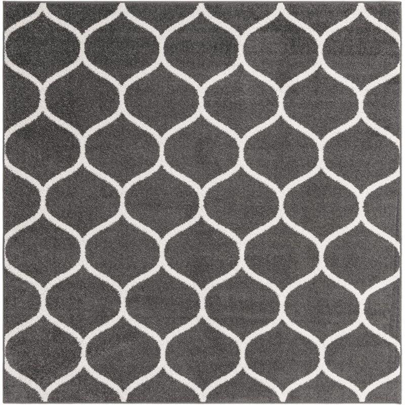 6' Square Dark Gray Ivory Trellis Frieze Synthetic Rug