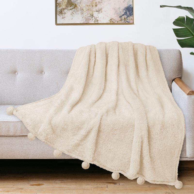 Ivory Cream Sherpa Fleece Throw Blanket with Pom Poms