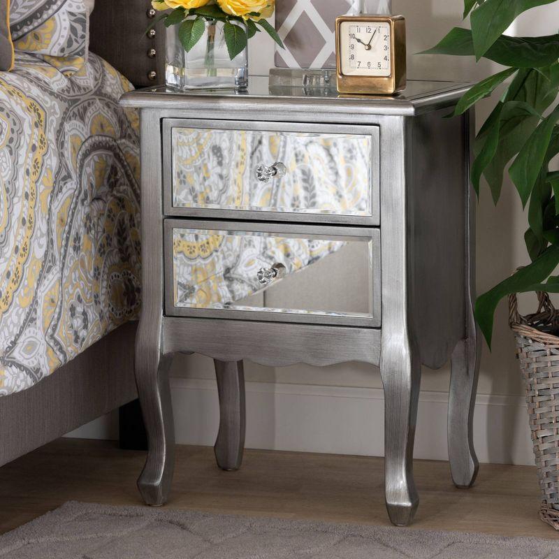 Baxton Studio Leonie Wood and Mirrored Glass 2 Drawer Nightstand Silver: Mid-Century Modern, Fir Wood Frame, No Assembly Required