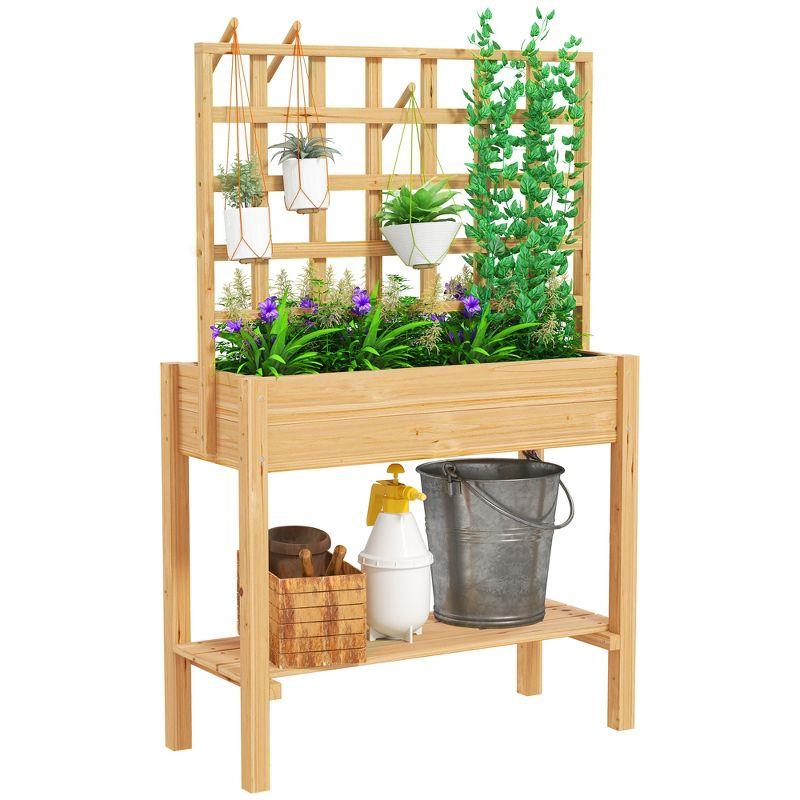 Natural Fir Wood Raised Planter Box with Trellis and Storage Shelf