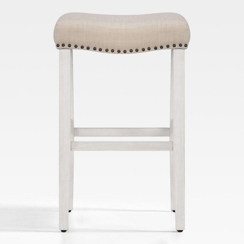 29" Beige Linen Upholstered Wooden Saddle Barstool