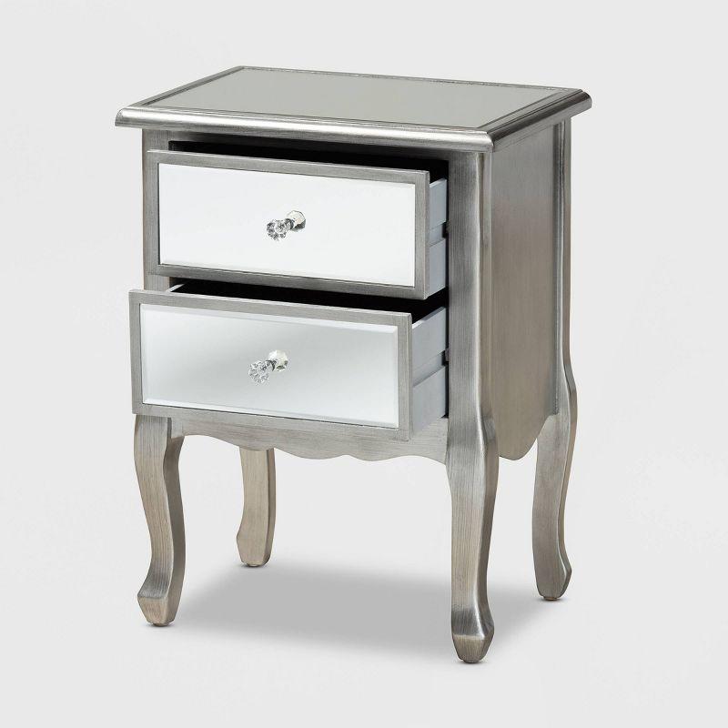 Baxton Studio Leonie Wood and Mirrored Glass 2 Drawer Nightstand Silver: Mid-Century Modern, Fir Wood Frame, No Assembly Required