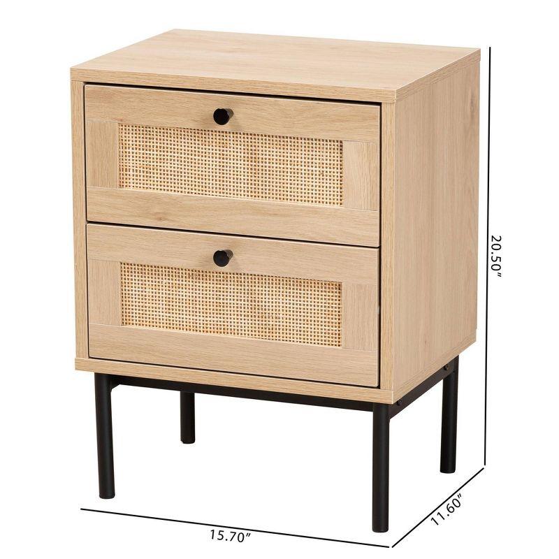 Baxton Studio Sherwin 2 Drawer End Table with Woven Rattan Accent Light Brown/Black: Mid-Century Storage, Metal Base