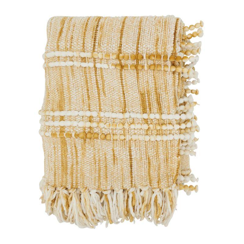 Rustic Gold and White Fringed Chenille Cotton Throw Blanket