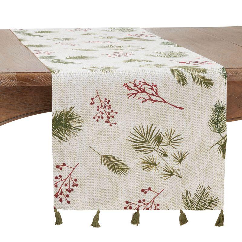 Winter Pine Needle and Red Berry Cotton Table Runner