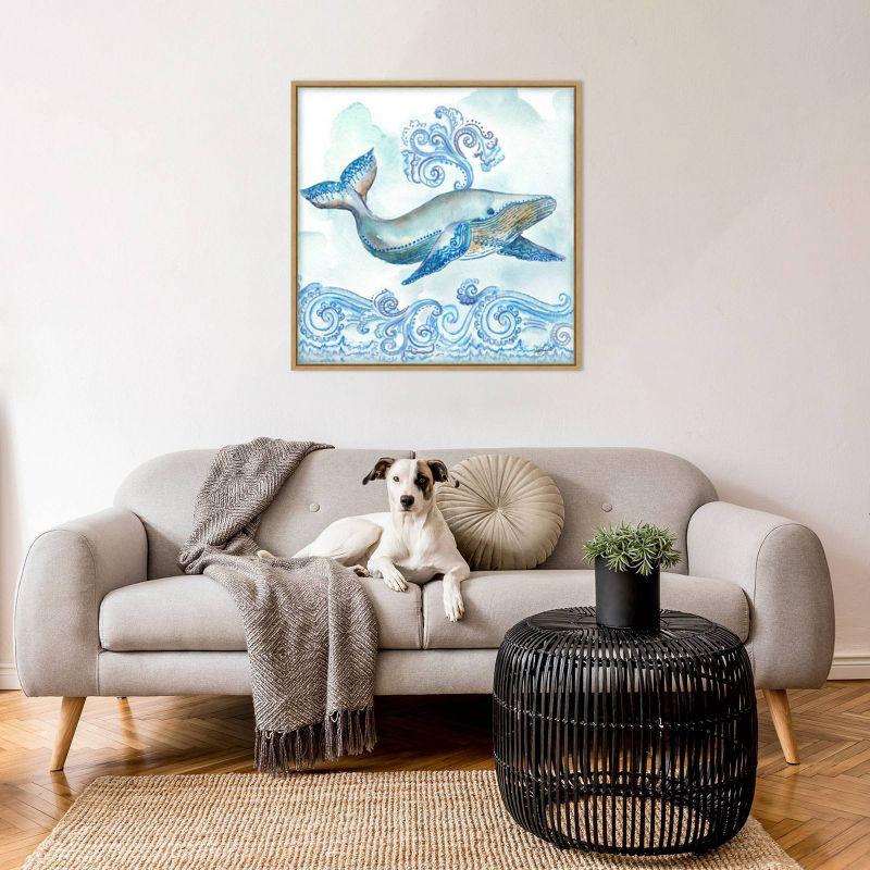 Boho Shells II Whale Blue Canvas Print with Maple Frame