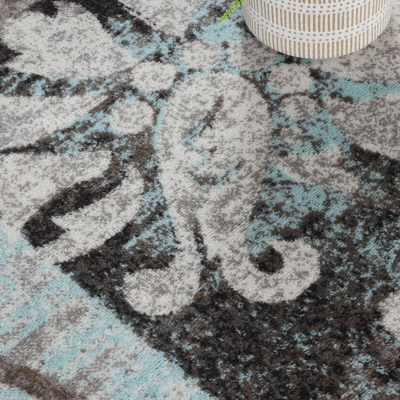 Contemporary Floral Patchwork Indoor Area Rug, 4'x6', Brown-Turquoise - Blue Nile Mills