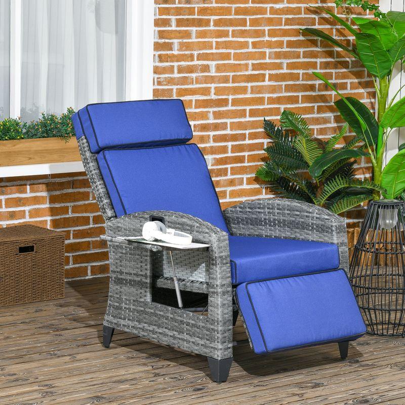 Outsunny Outdoor Recliner Chair with Cushions, PE Wicker Reclining Patio Lounge Chair with Adjustable Footrest, Armrests, Side Tray Table