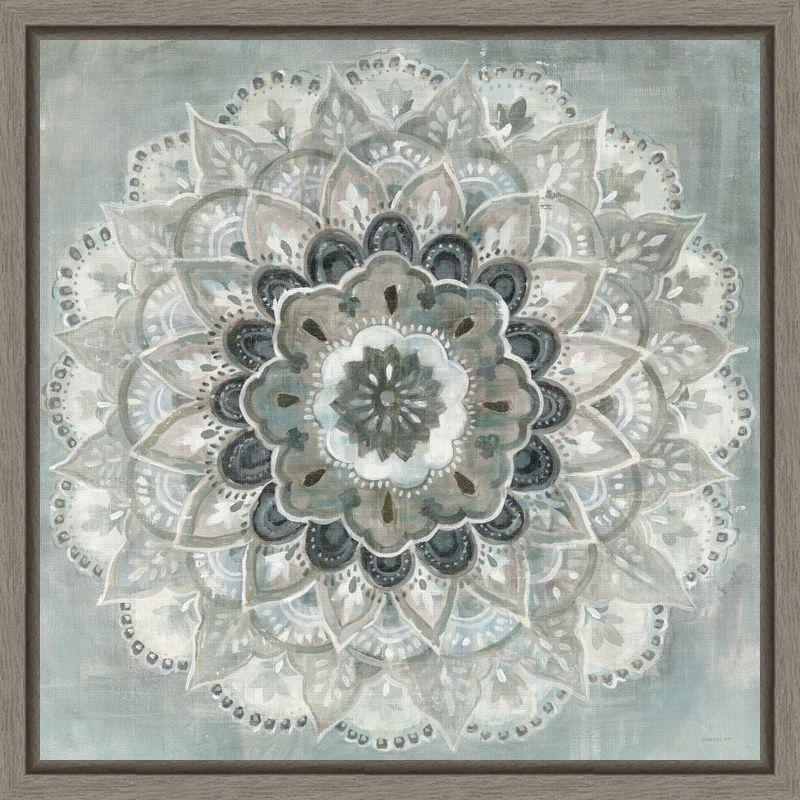 Sunburst Mandala 16" Grey and Blue Framed Canvas Art