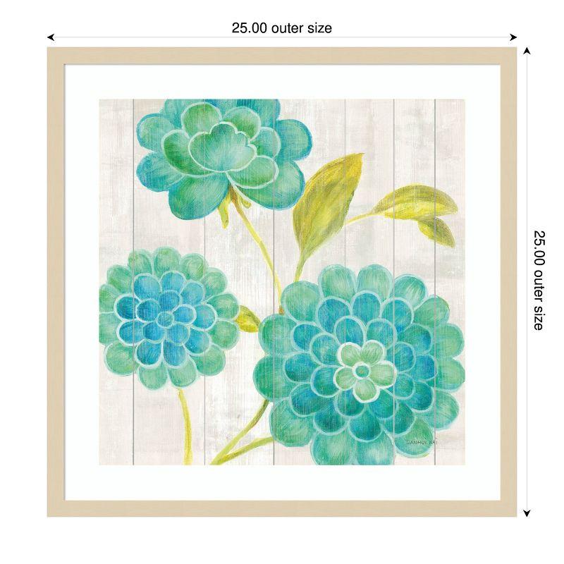 Aqua Blooms Botanical Lithograph with Wood Frame