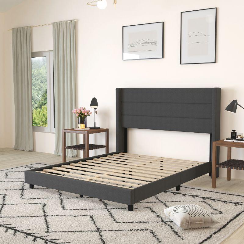 Merrick Lane Modern Queen Platform Bed with Padded Channel Stitched Charcoal Faux Linen Upholstered Wingback Headboard and 6" Underbed Clearance