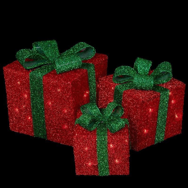 Northlight Seasonal Set of 3 Lighted Red and Green Tinsel Gift Boxes with Bows Christmas Outdoor Decorations 10"